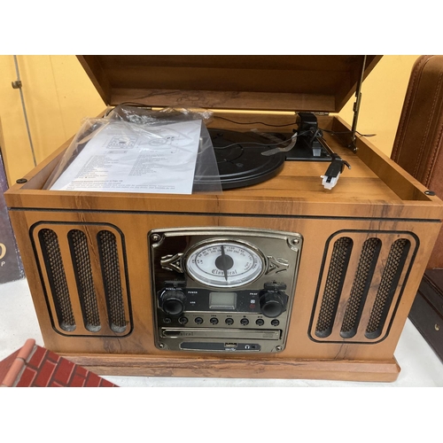 270 - A RECORD DECK, CD PLAYER AND RADIO HOUSED IN A VINTAGE STYLE BOX