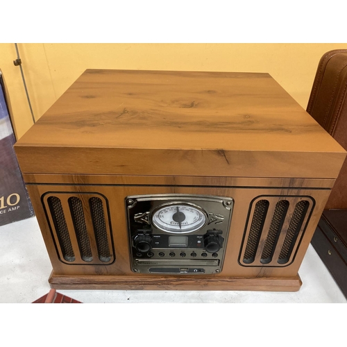 270 - A RECORD DECK, CD PLAYER AND RADIO HOUSED IN A VINTAGE STYLE BOX