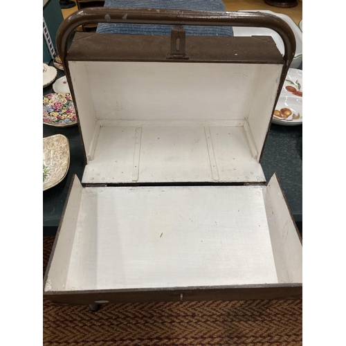 282 - A VINTAGE WOODEN BOX WITH A METAL HANDLE, VICTORIAN MAHOGANY FOOTSTOOL, ETC