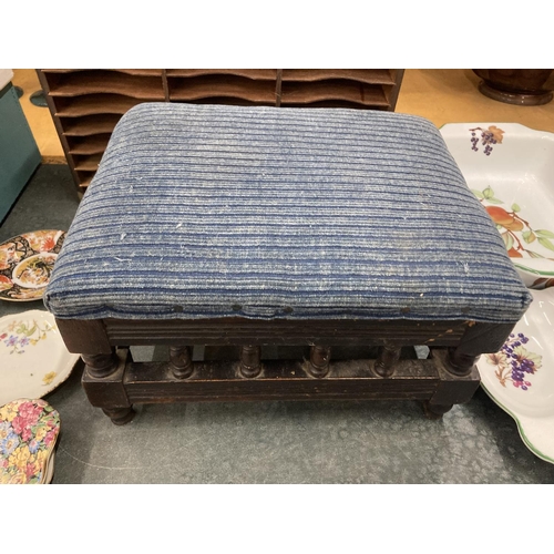 282 - A VINTAGE WOODEN BOX WITH A METAL HANDLE, VICTORIAN MAHOGANY FOOTSTOOL, ETC