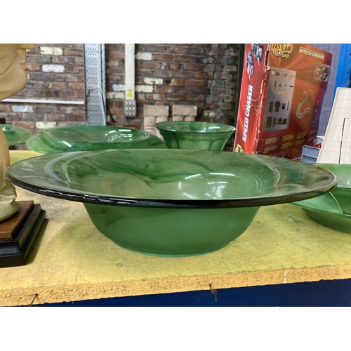 292 - THREE LARGE PIECES OF GREEN CLOUD GLASSWARE BOWLS