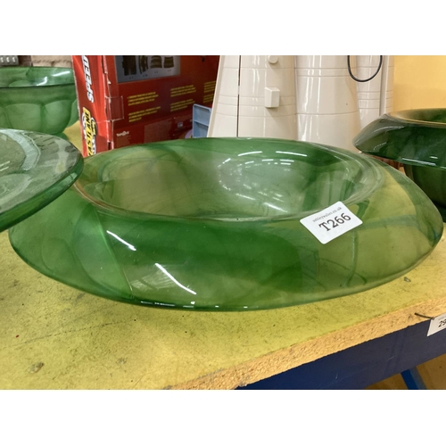 292 - THREE LARGE PIECES OF GREEN CLOUD GLASSWARE BOWLS