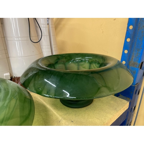 292 - THREE LARGE PIECES OF GREEN CLOUD GLASSWARE BOWLS