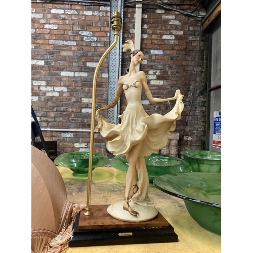 293 - A LARGE G ARMANI TABLE LAMP WITH THE FIGURE OF A BALLERINA ON THE BASE AND A LARGE FRINGED LAMPSHADE