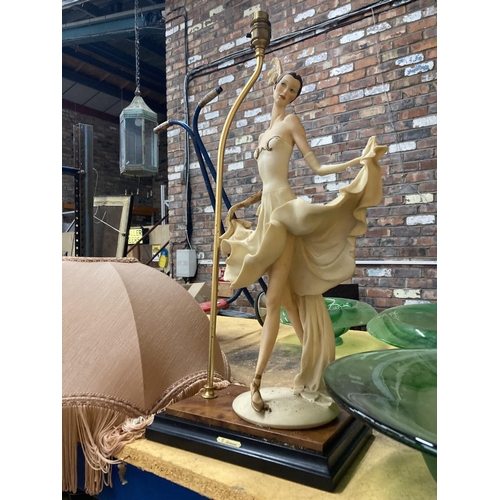 293 - A LARGE G ARMANI TABLE LAMP WITH THE FIGURE OF A BALLERINA ON THE BASE AND A LARGE FRINGED LAMPSHADE