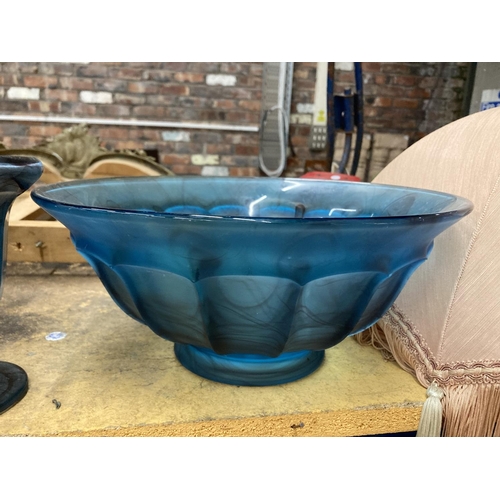 294 - FOUR PIECES OF BLUE CLOUD GLASS TO INCLUDE TWO LARGE BOWLS AND TWO VASES