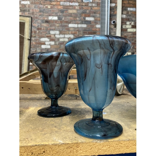 294 - FOUR PIECES OF BLUE CLOUD GLASS TO INCLUDE TWO LARGE BOWLS AND TWO VASES