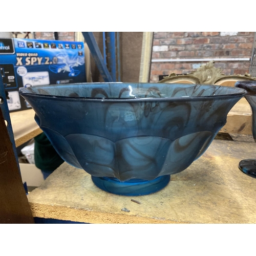 294 - FOUR PIECES OF BLUE CLOUD GLASS TO INCLUDE TWO LARGE BOWLS AND TWO VASES