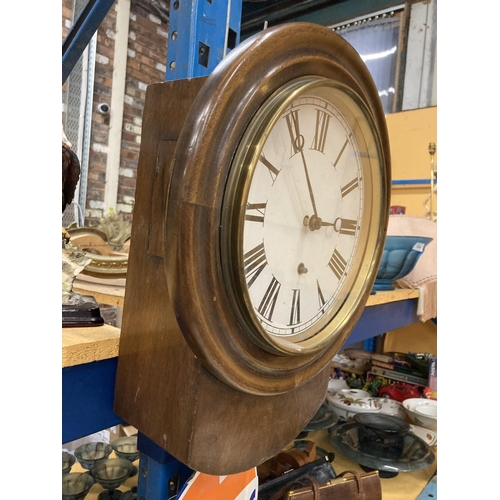 295 - A VINTAGE STYLE WALL CLOCK IN A MAHOGANY FRAME - A/F MISSING THE BOTTOM HALF