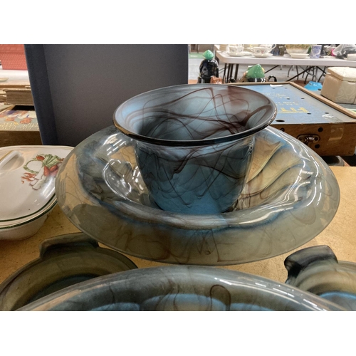 734 - A QUANTITY OF BLUE CLOUD GLASS TO INCLUDE LARGE BOWLS, PLANTERS, ETC PLUS A FROG