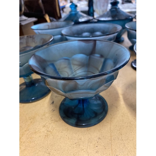 736 - A LARGE QUANTITY OF BLUE CLOUD GLASSWARE TO INCLUDE DESSERT BOWLS, CANDLESTICKS, LIDDED BOWLS, ETC