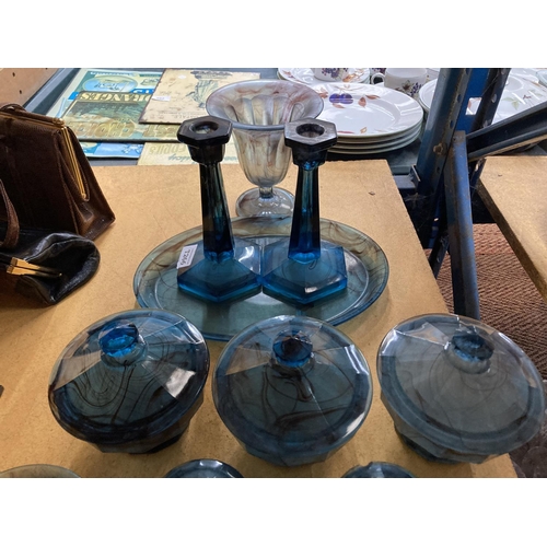 736 - A LARGE QUANTITY OF BLUE CLOUD GLASSWARE TO INCLUDE DESSERT BOWLS, CANDLESTICKS, LIDDED BOWLS, ETC