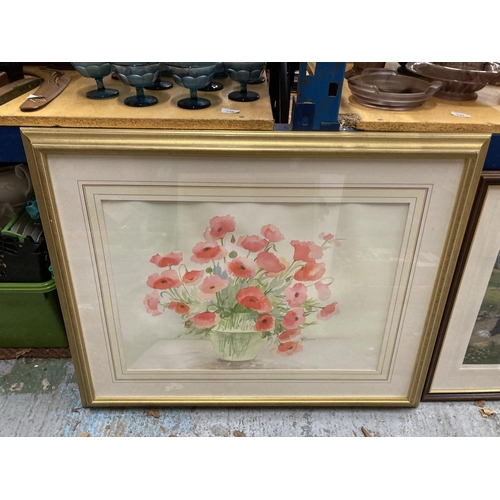 745 - TWO GILT FRAMED WATERCOLOURS OF POPPIES, SIGNED PLUS A SIGNED FRAMED PRINT OF RHODODENDRON ELLIOTTI