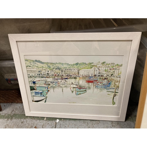 748 - TWO FRAMED WATERCOLOURS - ONE OF TERNS, SIGNED PLUS TWO FRAMED PRINTS OF CHILDREN PADDLING IN THE SE... 