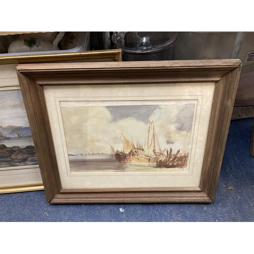 750 - THREE WATERCOLOURS OF SHIPS IN THE HARBOUR AND AT SEA, ONE SIGNED HAROLD CARLOW 1990