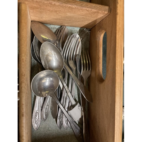 756 - A LARGE QUANTITY OF FLATWARE TO INCLUDE KNIVES, FORKS, SPOONS, KNIFE REST PRESERVE POT, ETC