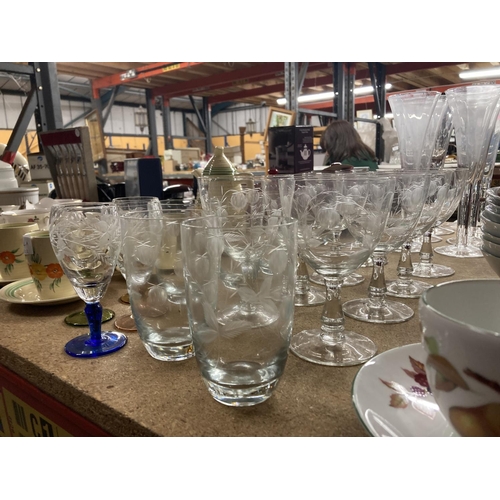 774 - A QUANTITY OF ETCHED GLASSES TO INCLUDE WINE, SHERRY, TUMBLERS, ETC