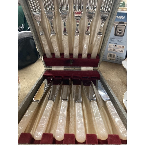 776 - A VINTAGE BOXED KNIFE AND FORK SET WITH MOTHER OF PEARL HANDLES PLUS A SET OF FISH KNIVES AND FORKS