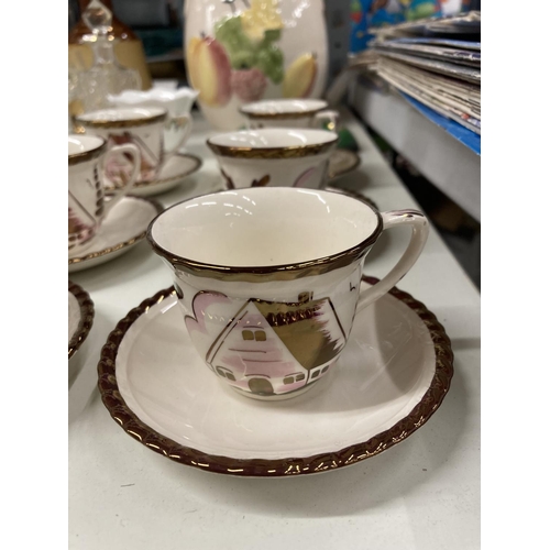 796 - A SET OF SIX GRAY'S POTTERY HANDPAINTED CUPS AND SAUCERS, A RUMTOPF, ETC