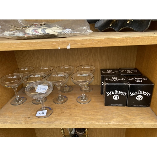 1381 - NINE RETRO BABYCHAM GLASSES AND FOUR JACK DANIELS WHISKEY TUMBLERS