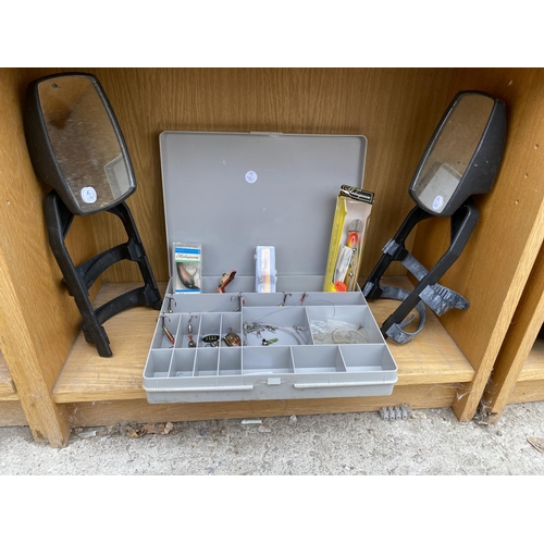 1383 - TWO EXTENSION WING MIRRORS AND A FISHING TACKLE BOX WITH LURES