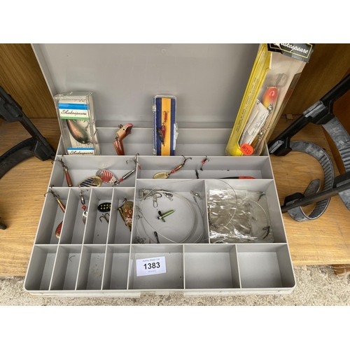 1383 - TWO EXTENSION WING MIRRORS AND A FISHING TACKLE BOX WITH LURES