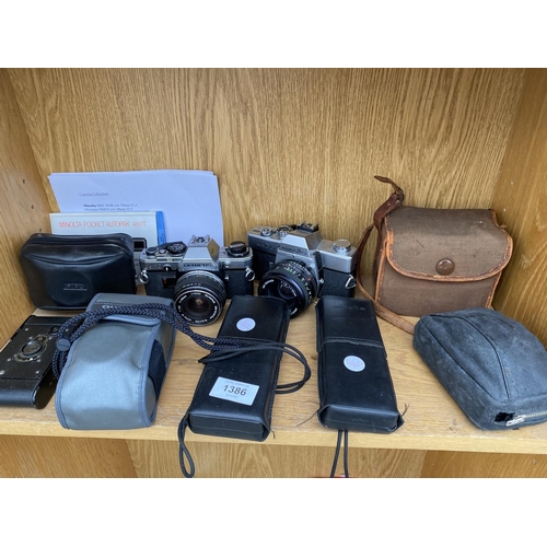 1386 - AN ASSORTMENT OF PHOTOGRAPHY EQUIPMENT TO INCLUDE A MINOLTA SRT101B CAMERA, AN OLYMPUS OM10 CAMERA A... 