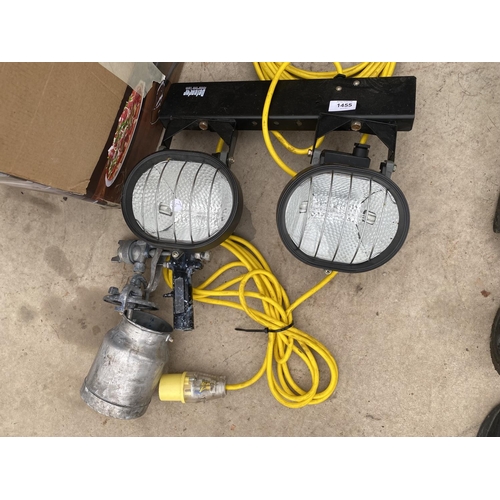 1455 - A COMPRESSOR SPRAYER ATTATCHMENT AND A SET OF 100V WORK LIGHTS