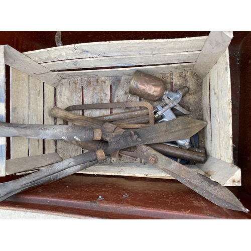 1536 - A VINTAGE TRAVEL TRUNK WITH TWO PAIRS OF GARDEN SHEARS