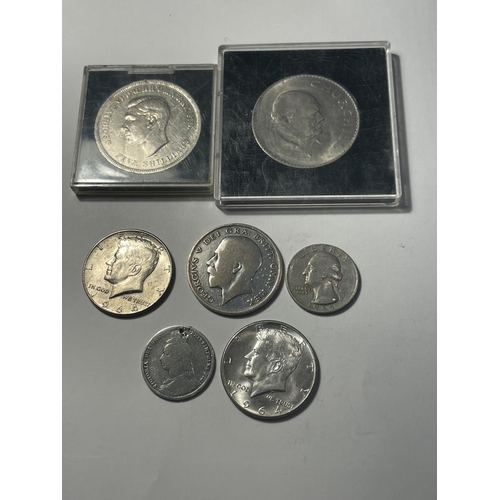 674 - VARIOUS COINS TO INCLUDE COMMEMORATIVE CROWNS, HALF DOLLAR. QUARTER DOLLAR ETC