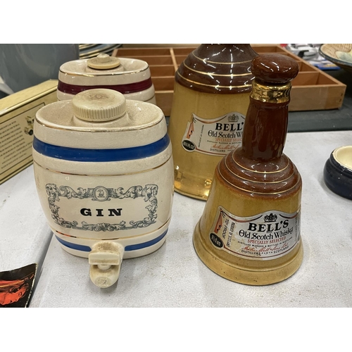 708 - TWO WADE SMALL BARRELS FOR 'GIN' AND 'PORT' PLUS A LARGE AND SMALL BELL'S WHISKY DECANTER