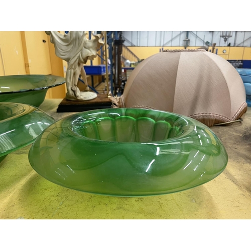 729 - THREE LARGE GREEN CLOUD GLASS BOWLS