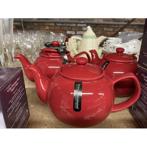 811 - THREE NEW RED PRICE AND KENSINGTON TEAPOTS WITH STRAINERS