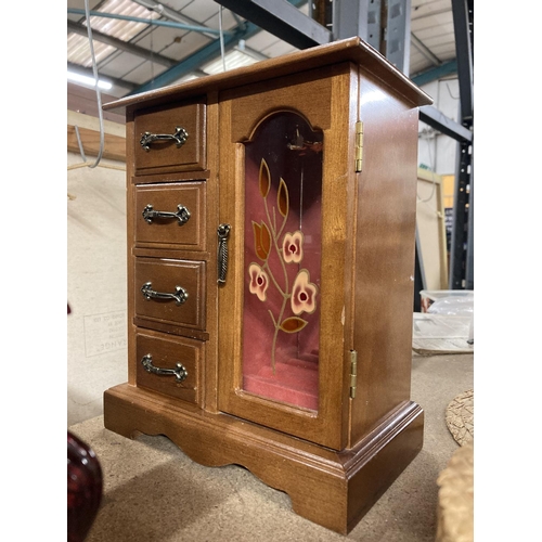 822 - TWO JEWELLERY BOXES WITH DRAWERS TO INCLUDE A CRIMSON VINTAGE STYLE