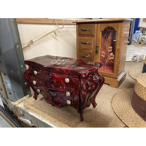 822 - TWO JEWELLERY BOXES WITH DRAWERS TO INCLUDE A CRIMSON VINTAGE STYLE