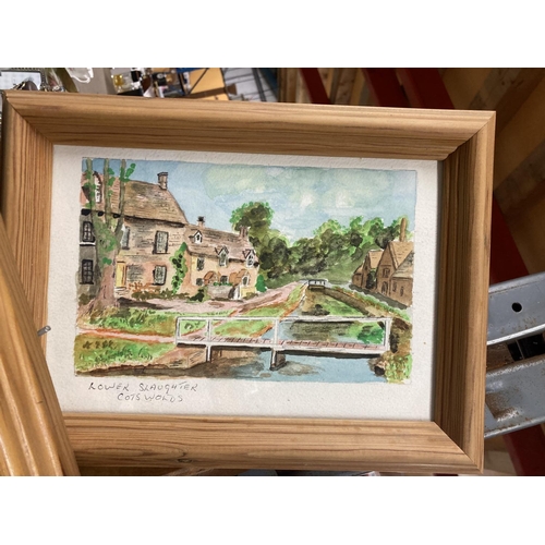 830 - A FRAMED WATER COLOUR OF LOWER SLAUGHTER COTSWOLDS AND A FRAMED THREE DIMENSIONAL PICTURE OF A COTTA... 