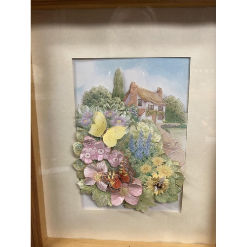 830 - A FRAMED WATER COLOUR OF LOWER SLAUGHTER COTSWOLDS AND A FRAMED THREE DIMENSIONAL PICTURE OF A COTTA... 