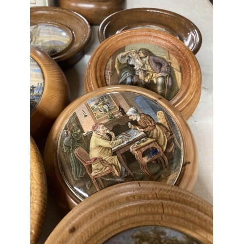 837 - NINE FRAMED PRATTWARE LIDS AND A WOODEN PLINTH