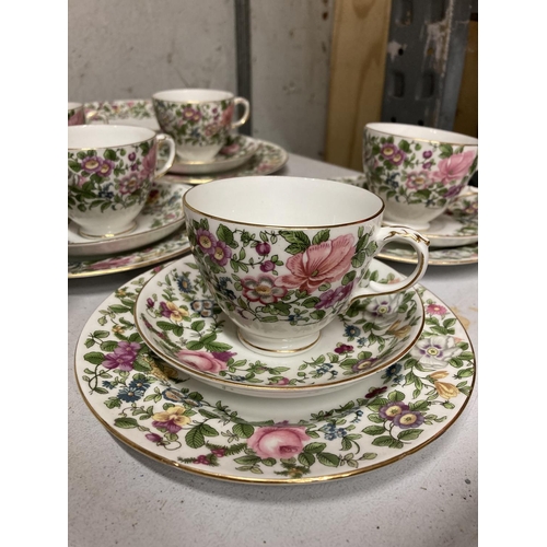 844 - A CROWN STAFFORDSHIRE FLORAL TEASET TO INCLUDE CUPS, SAUCERS, CREAM JUG, SIDE PLATES, SUGAR BOWL, ET... 