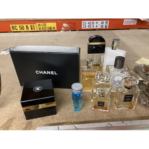 888 - A QUANTITY OF PART BOTTLES OF PERFUME AND AFTERSHAVE TO INCLUDE CHANEL PLUS PART POT OF COCO CHANEL ... 