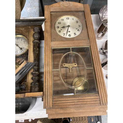 934 - TWO VINTAGE WALL CLOCKS IN WOODEN AND GLASS FRONTED CASES - ONE IN NEED OF RESTORATION