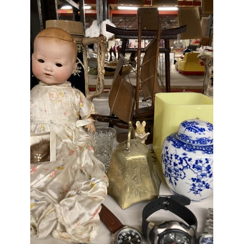 950 - A VINTAGE POT DOLL TOGETHER WITH OTHER ITEMS TO INCLUDE WATCHES, ORIENTAL GINGER JAR, WOODEN BOAT, B... 