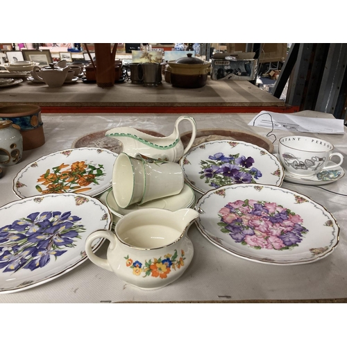 954 - A PART ALFRED MEAKIN TEASET, QUEEN MOTHER'S FAVOURITE FLOWER'S PLATES, ROYAL WORCESTER CUP AND SAUCE... 