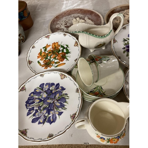 954 - A PART ALFRED MEAKIN TEASET, QUEEN MOTHER'S FAVOURITE FLOWER'S PLATES, ROYAL WORCESTER CUP AND SAUCE... 