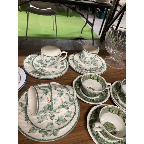 956 - THREE ADAMS IRONSTONE VINTAGE CUPS AND SAUCERS TOGETHER WITH AN IVORY AND CREAM AND GREEN IVORY PATT... 