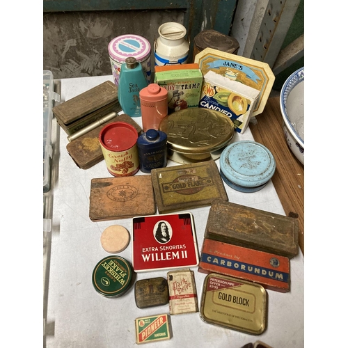 964 - A COLLECTION OF VINTAGE TINS AND TALC BOTTLES