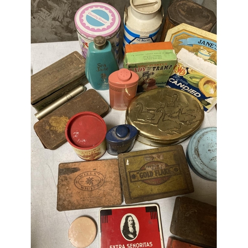 964 - A COLLECTION OF VINTAGE TINS AND TALC BOTTLES