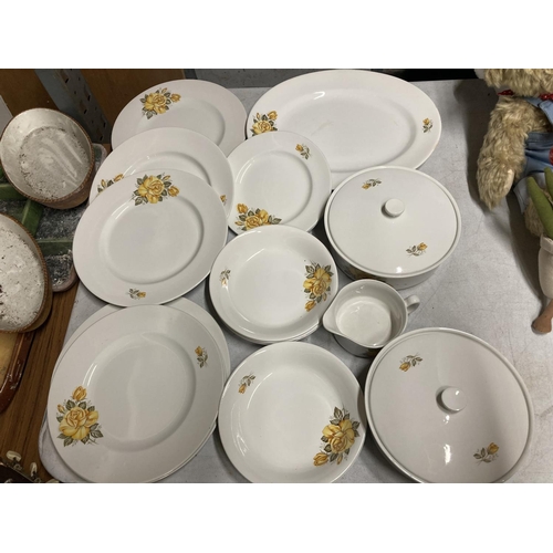 967 - A PART WHITE WITH YELLOW ROSE AND GREEN LEAF TEA SERVICE TO INCLUDE DISHES, PLATES, LIDDED BOWL, ETC