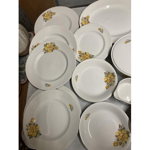 967 - A PART WHITE WITH YELLOW ROSE AND GREEN LEAF TEA SERVICE TO INCLUDE DISHES, PLATES, LIDDED BOWL, ETC