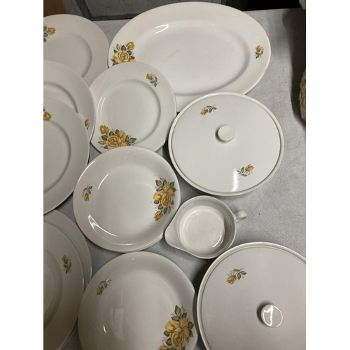 967 - A PART WHITE WITH YELLOW ROSE AND GREEN LEAF TEA SERVICE TO INCLUDE DISHES, PLATES, LIDDED BOWL, ETC